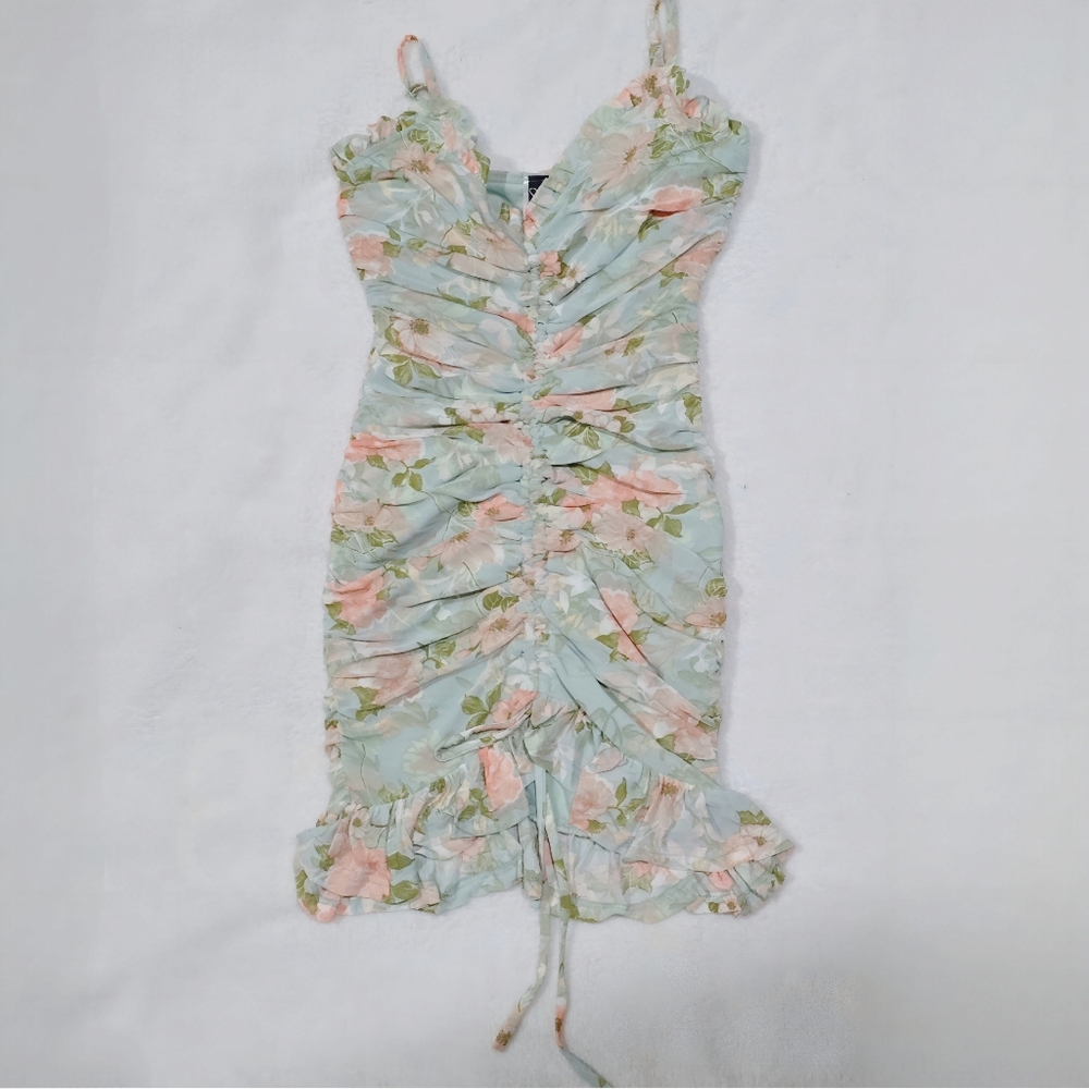 Windsor ✦ Spotted in Floral Mesh Dress ✦ Ruffle Hem Mini Sage Green Sz S NWT - Picture 2 of 5